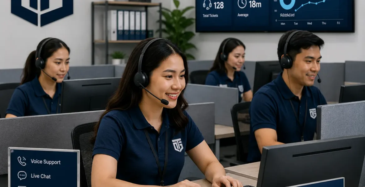 Tamikon Global customer support team image showing a modern call center and client support workspace