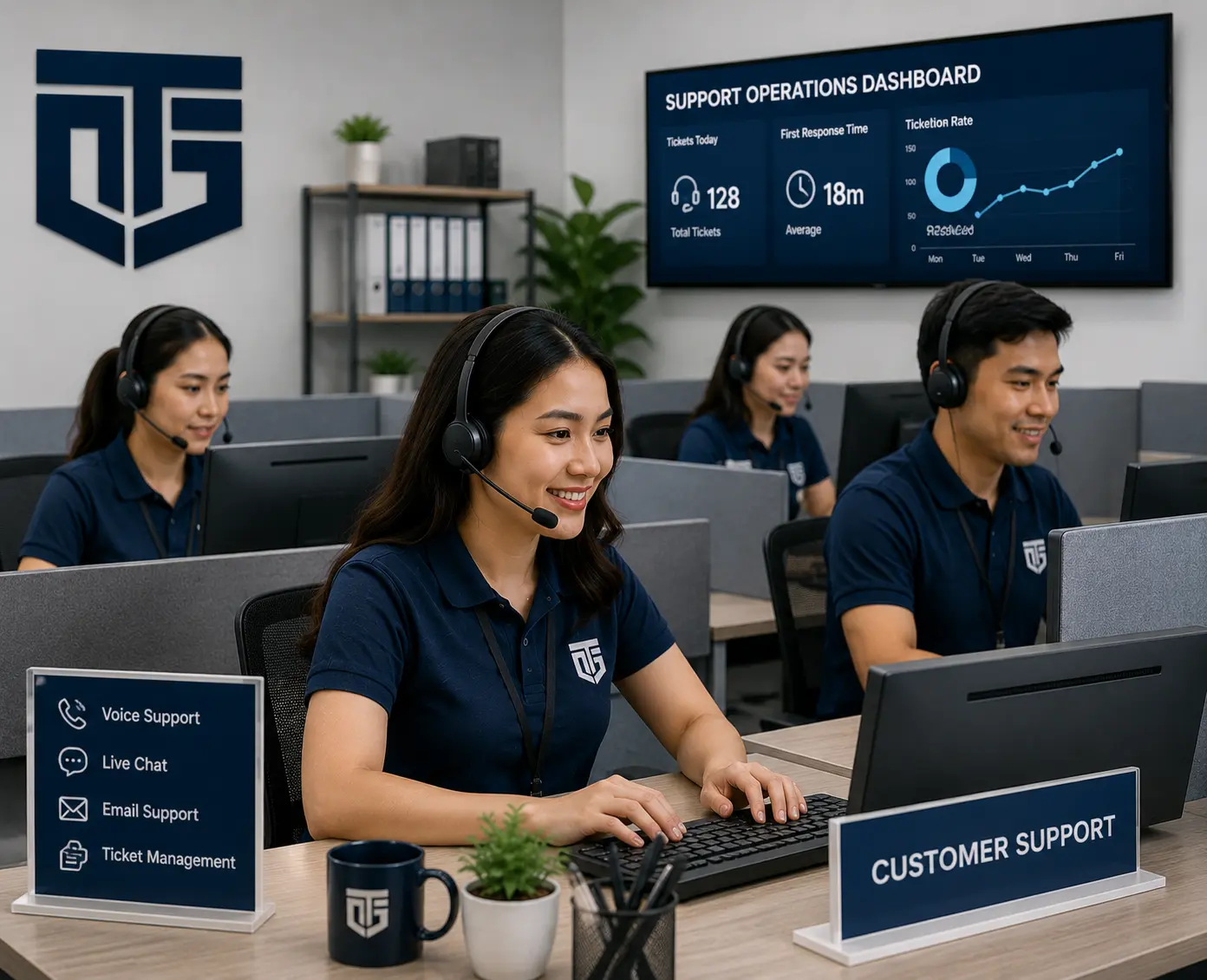 Tamikon Global customer support team image showing a modern call center and client support workspace