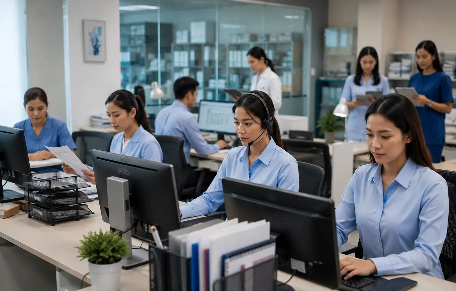 Non-clinical healthcare administrative staff coordinating scheduling, records, and back-office support in a clean medical office.