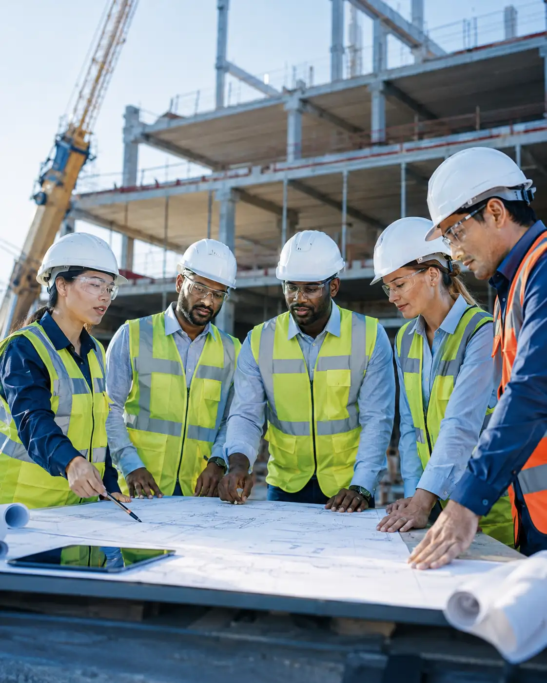 Construction and engineering team reviewing project plans