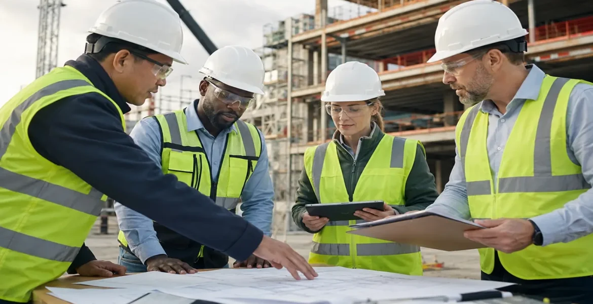 Construction team reviewing plans, documentation, and project responsibilities before execution