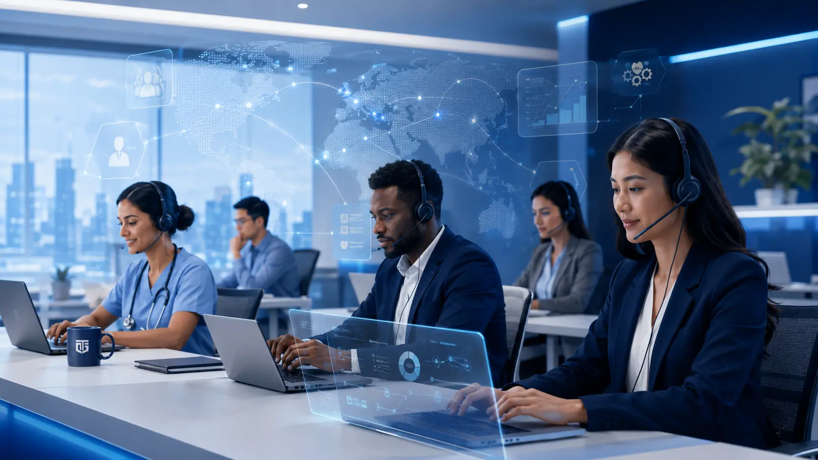 Dedicated remote team members supporting business operations from a modern office environment