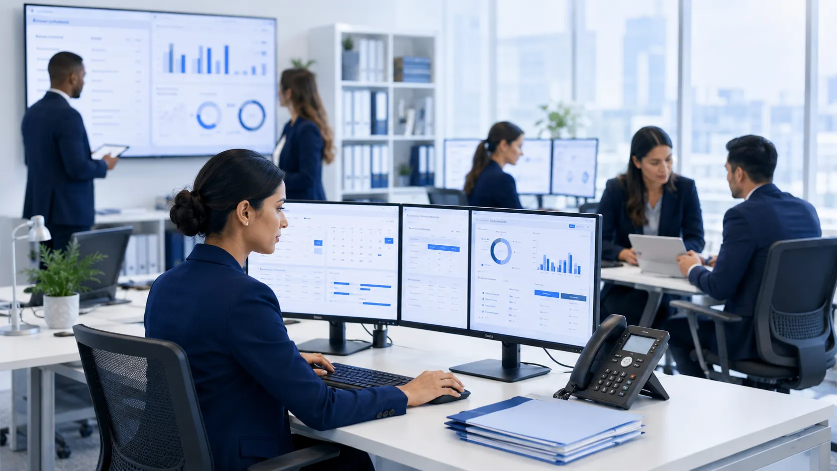 Healthcare administrative support team reviewing healthcare workflow documentation