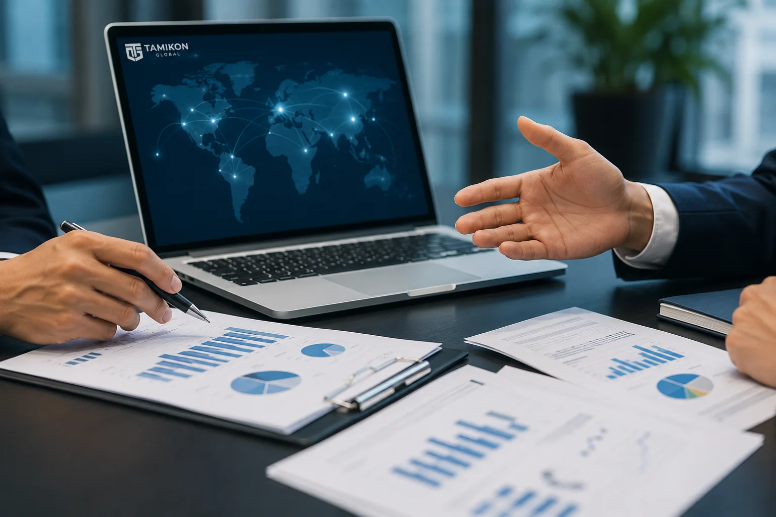 Business professionals reviewing workforce scope and pricing documents for a structured remote staffing proposal