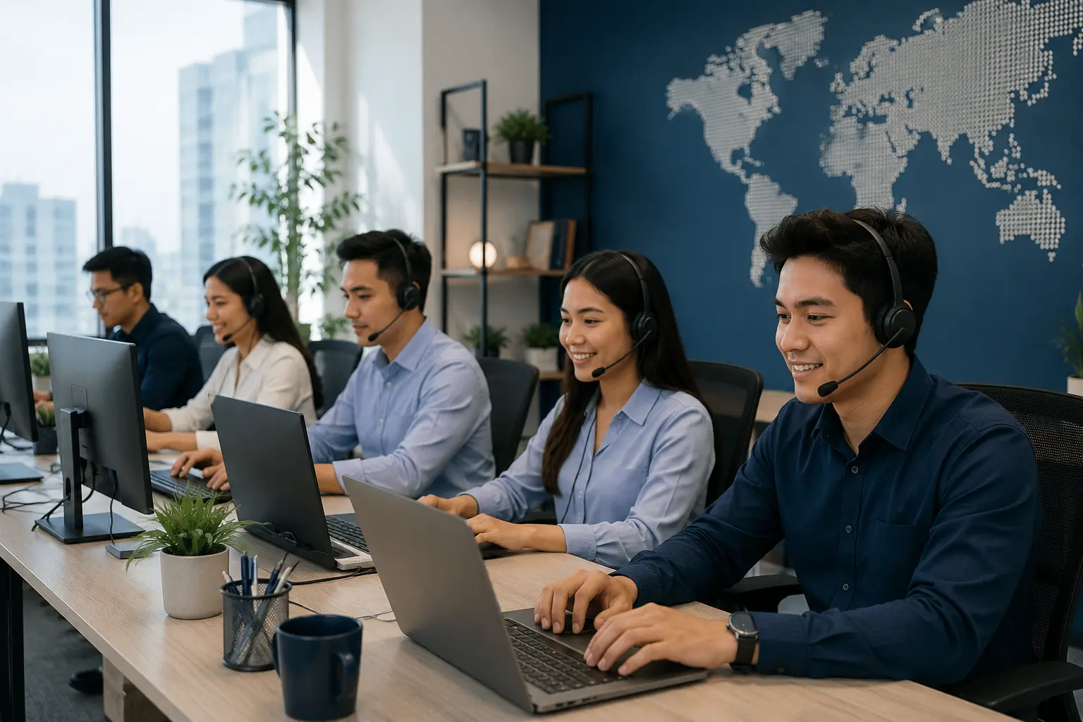 Remote support team collaborating in a modern office with global workforce map background