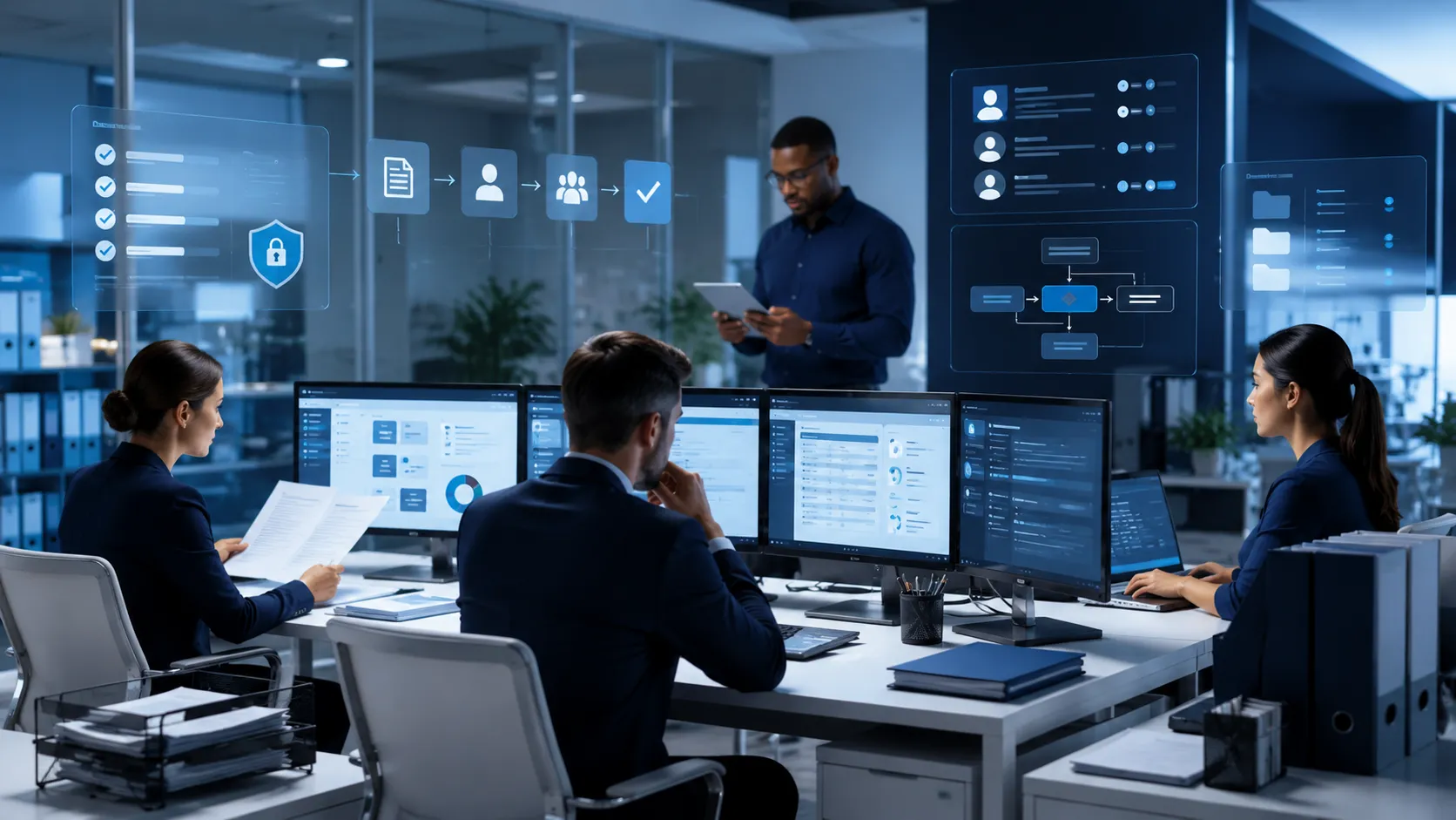 Healthcare administrative support team using workflow controls, documentation review, checklist systems, and access-managed dashboards