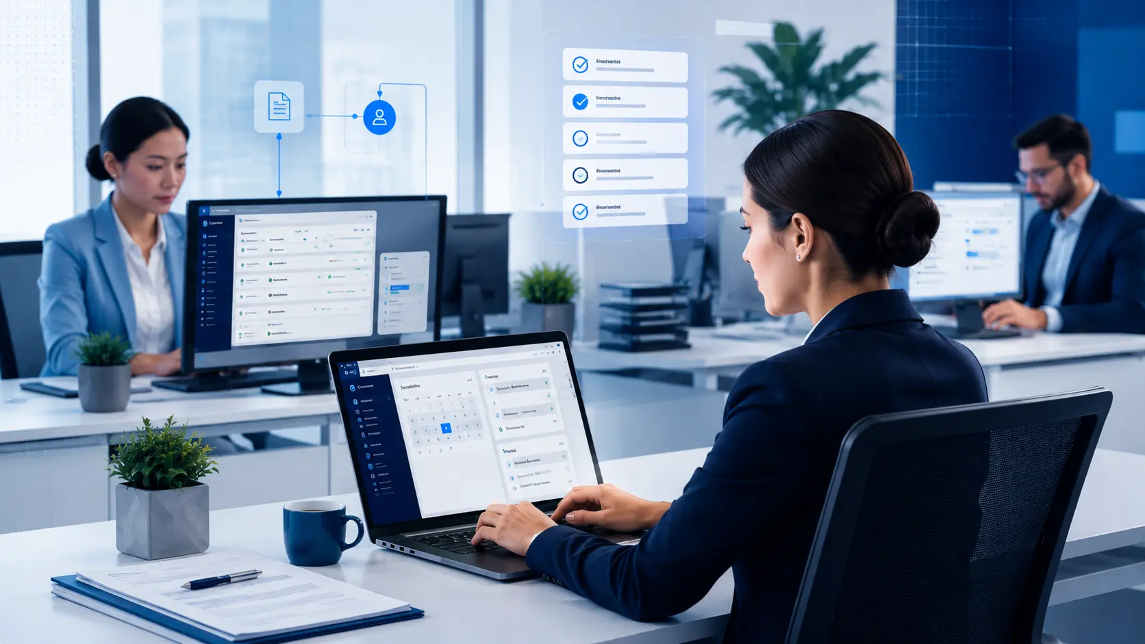 Healthcare administrative support team working on non-clinical operations, workflow dashboards, verification tasks, and documentation