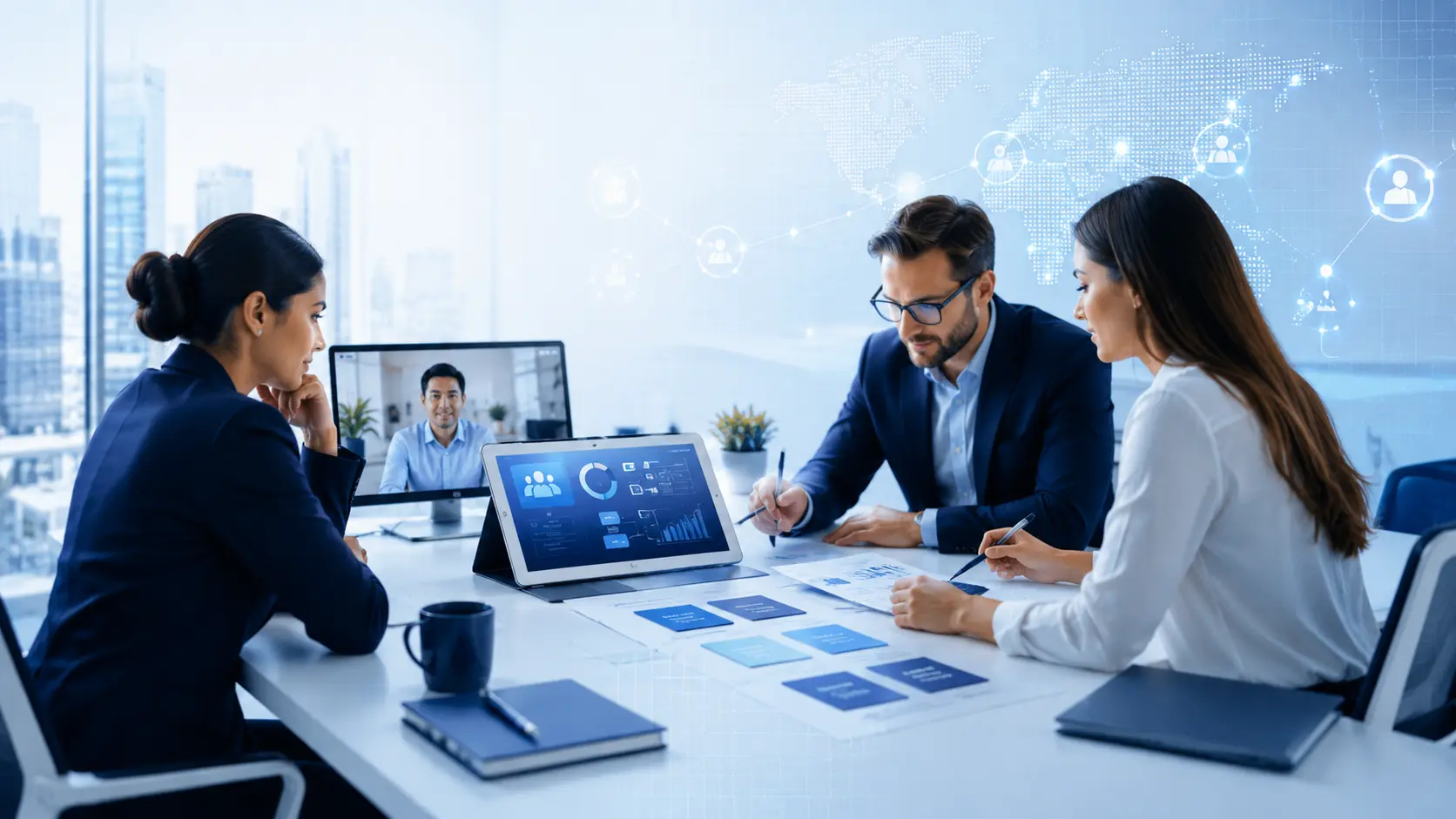 Business leaders reviewing workforce strategy with digital planning tools, remote collaboration, and global staffing decision visuals.