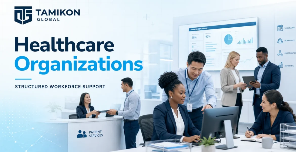 Diverse healthcare administrative operations team supporting healthcare organizations with non-clinical workforce workflows.